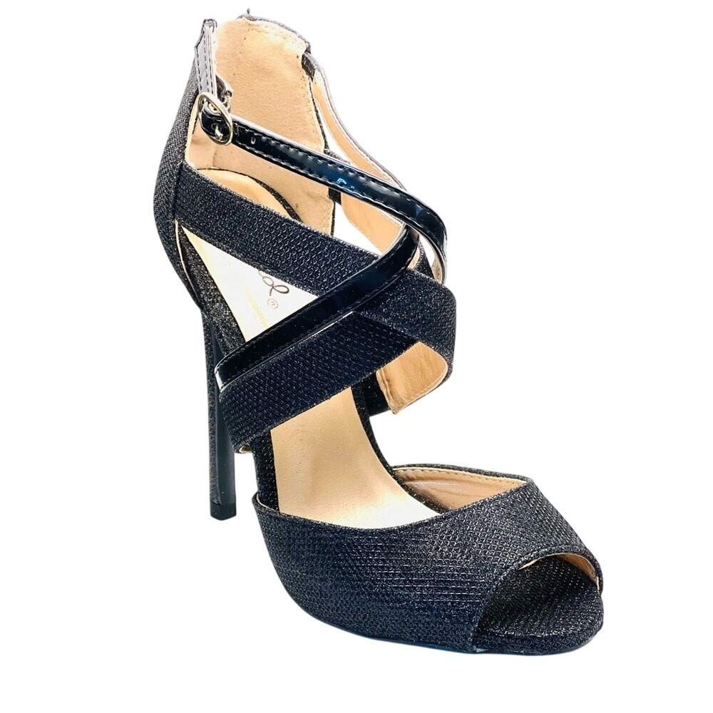 Qupid Women Glitter Peep Toe‎ Criss Cross Stiletto Heel Sandal, Black, Size 7.5